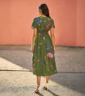 Green Yumi Clothing Yumi Green Bird Floral Print Wrap Style Midi Dress