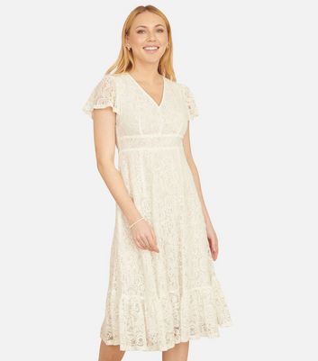 Yumi White Lace Tiered Hem Midi Dress