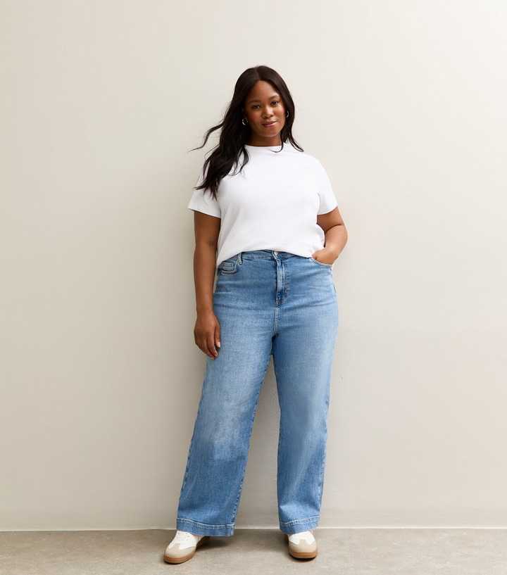 Curves Light Blue Elasticated Back Wide Leg Jeans