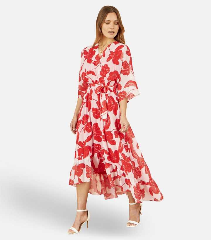 Yumi Red Floral Print Wrap Style Midi Dress