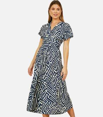 Yumi Navy Geometric Ruched Waist Midi Dress