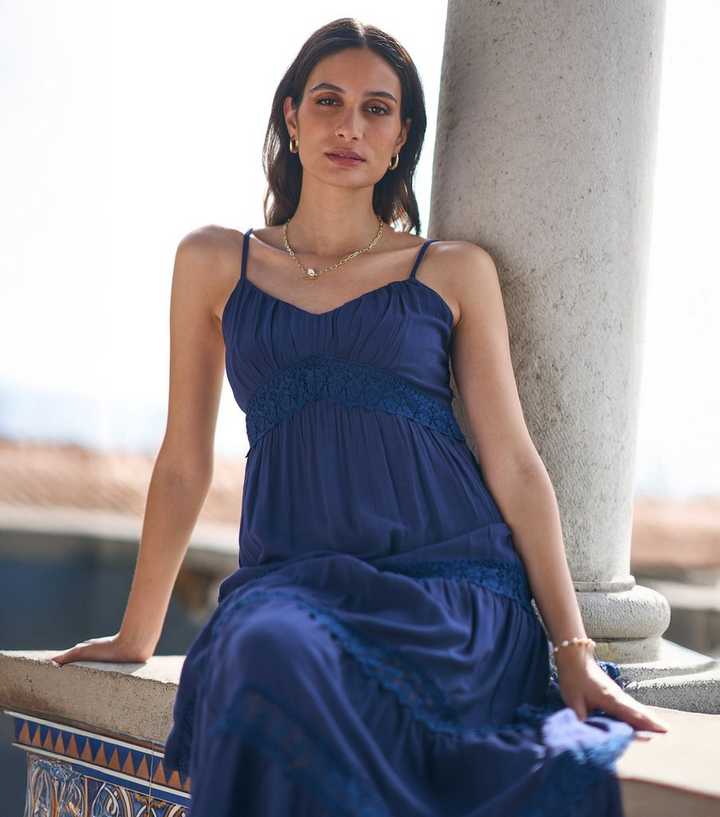 Yumi Navy Lace Tier Maxi Dress | New Look