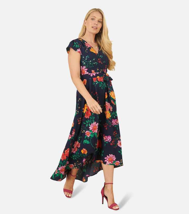 Yumi Navy Floral Print Wrap Front Dress