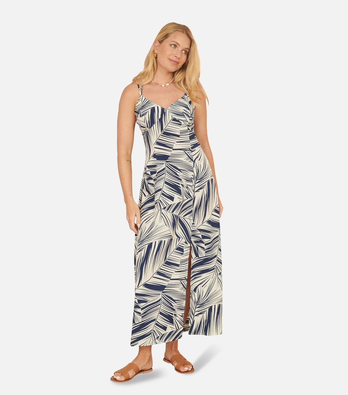 Yumi Women's Navy Leaf Print Crossover Strap Midi Dress New Look Uk Size 12