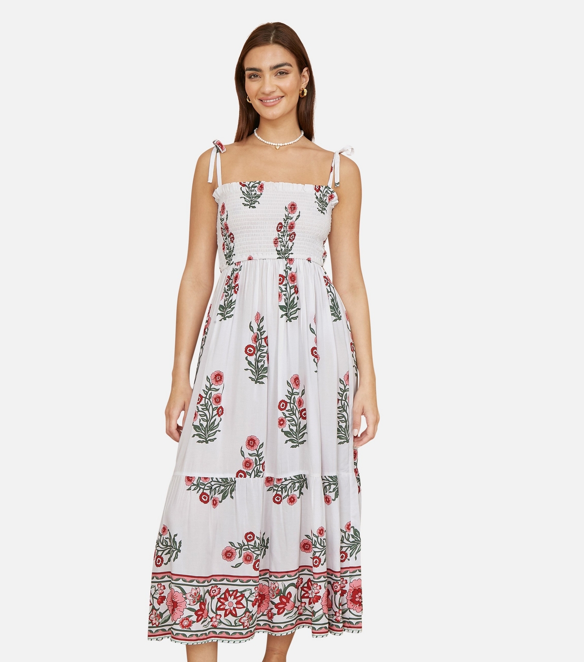 Yumi Women's White Pattern White Flower Print Smocked Sun Dress New Look Uk Size 18