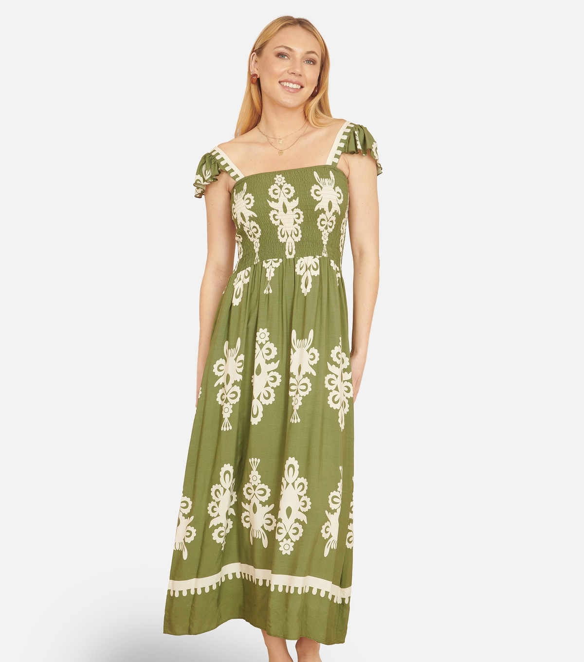 Yumi Women's Green Pattern Green Block Print Smocked Sun Dress New Look Uk Size 12