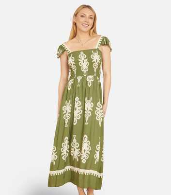 Yumi Green Block Print Smocked Sun Dress