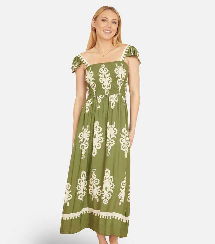 Yumi Green Block Print Smocked Sun Dress