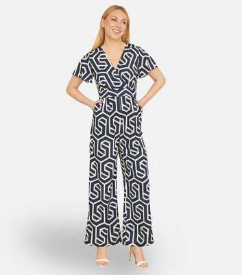 Yumi Navy Geometric Print Wrap Jumpsuit