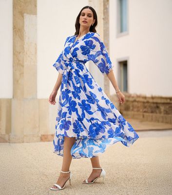 Yumi Blue Floral Print Wrap Midi Dress