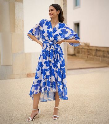Yumi Blue Floral Print Wrap Midi Dress