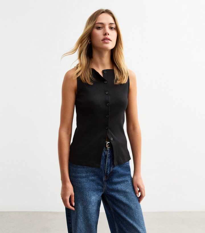 Black Ribbed Button Front Tank Top | New Look