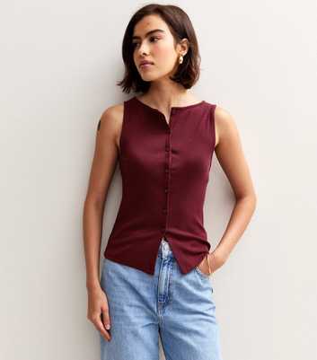 Burgundy Ribbed Button Front Tank Top