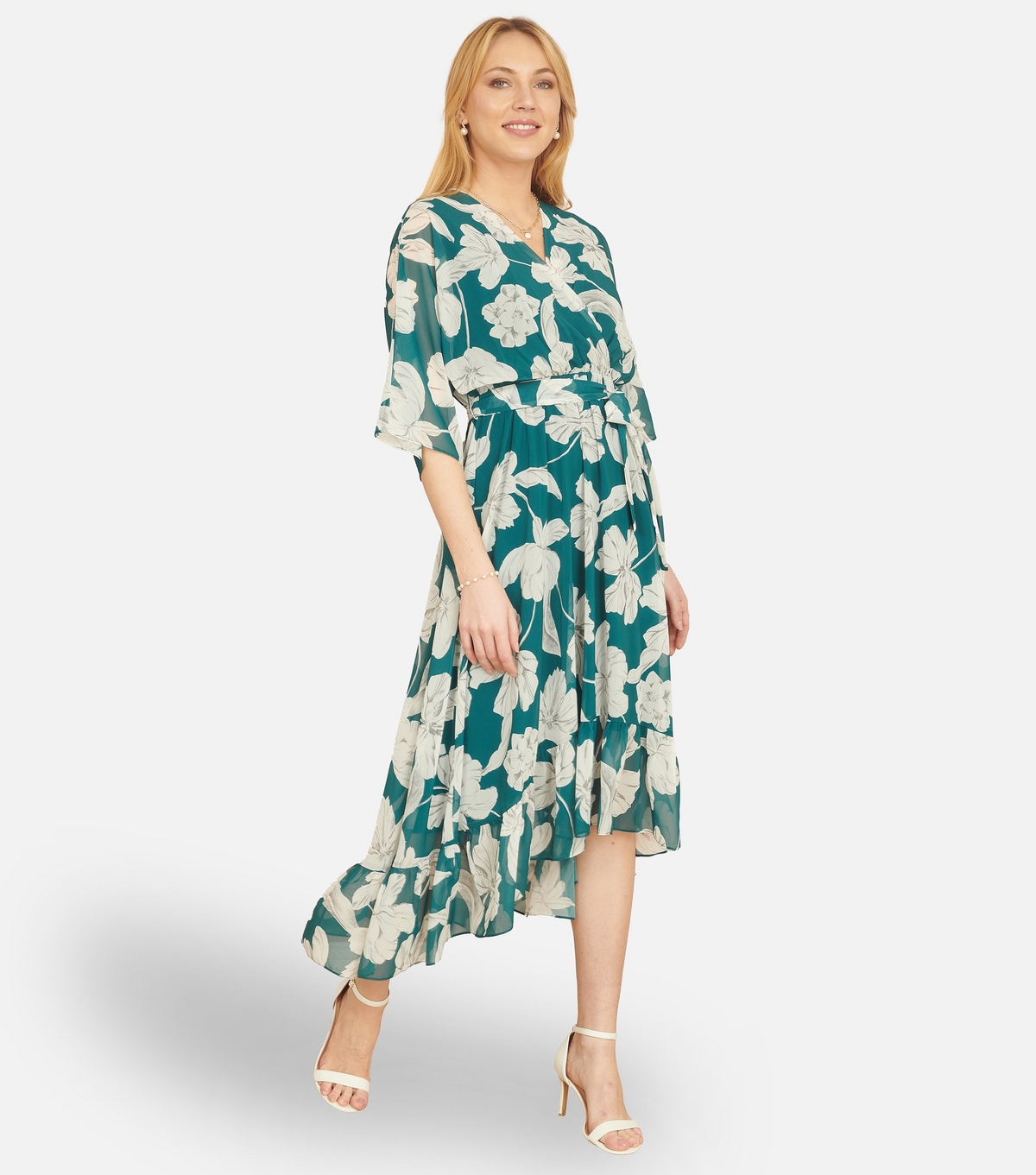 Yumi Women's Green Pattern Green Chiffon Floral Print Midi Dress New Look Uk Size 24