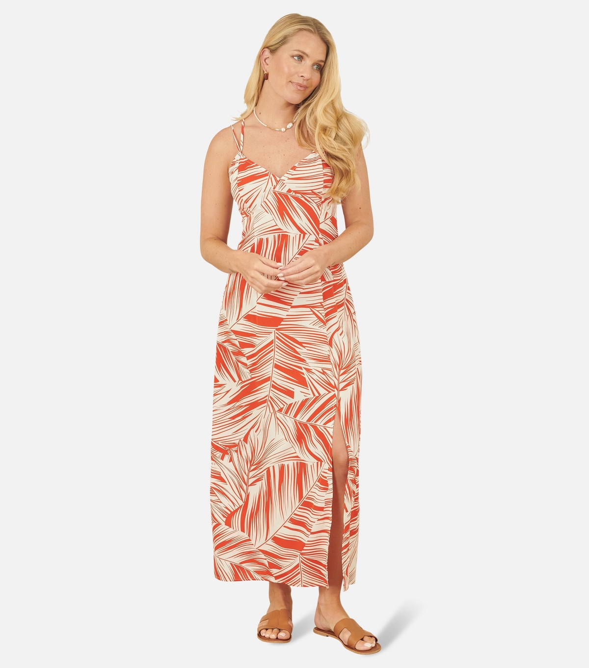 Yumi Women's Orange Leaf Print Crossover Strap Midi Dress New Look Uk Size 12