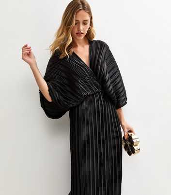 Black Satin Plisse Batwing Sleeve Midi Dress