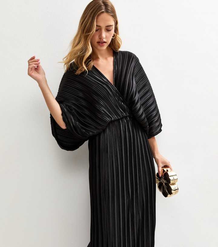 Black Satin Plisse Batwing Sleeve Midi Dress