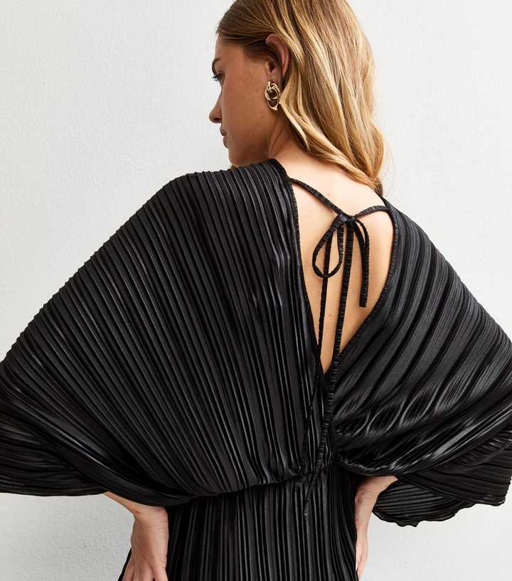 Black Satin Plisse Batwing Sleeve Midi Dress