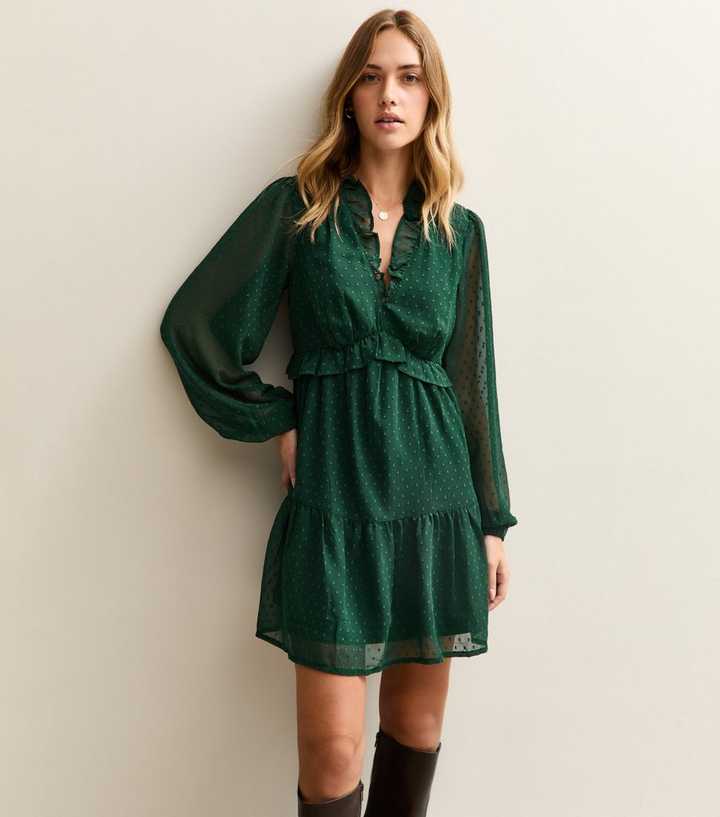 Dark Green Dobby Frill Mini Dress | New Look