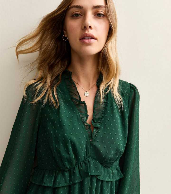 green emerald velvet dress Women's Olive Green Georgette Tiered Dobby Dress Green / S