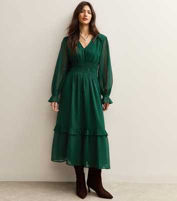 Dark Green Dobby Ruched Waist Midi Dress