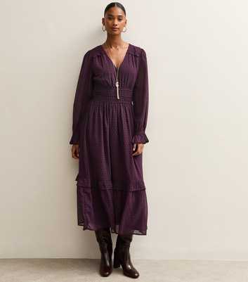 Dark Burgundy Dobby Ruched Waist Midi Dress