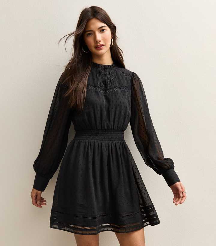 Black Dobby Long Sleeve Mini Dress