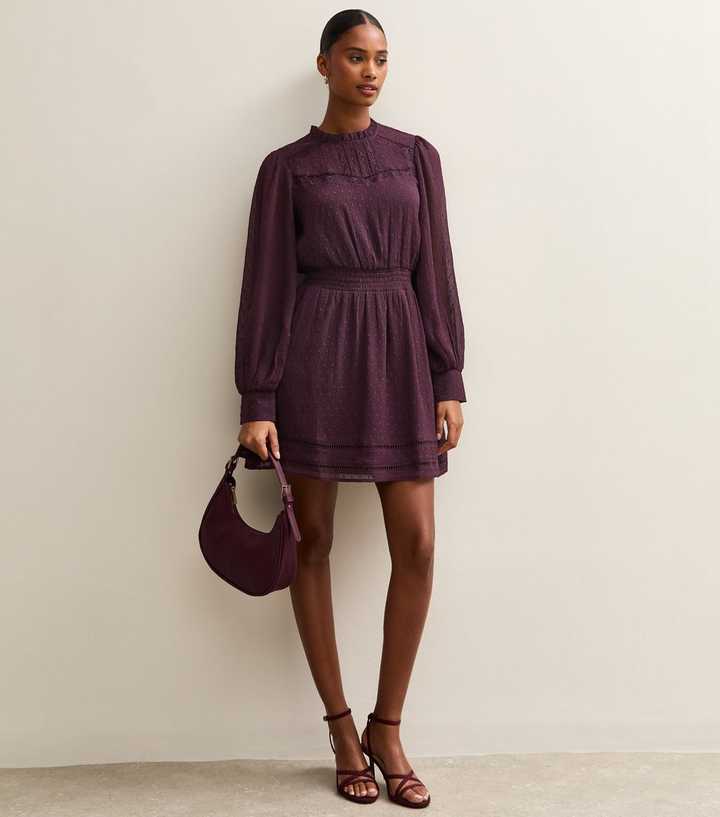 Dark Burgundy Dobby Long Sleeve Mini Dress