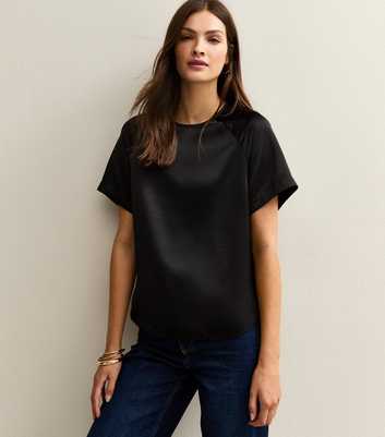 Tall Black Satin Short Sleeve Top