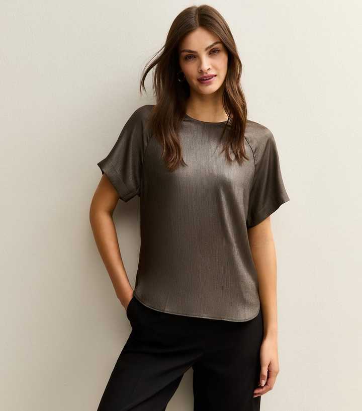 Tall Gunmetal Satin Short Sleeve Top