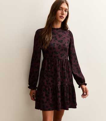 Purple Floral Print Crinkle Texture Smock Dress