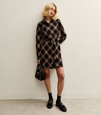 Black Check Mini Shirt Dress | New Look