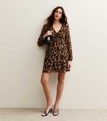 Brown Leopard Print Chiffon Long Sleeve Mini Dress
