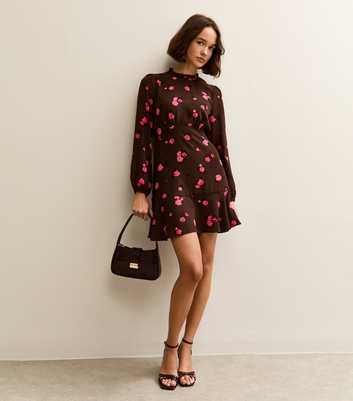 Brown Floral Long Sleeve Mini Dress
