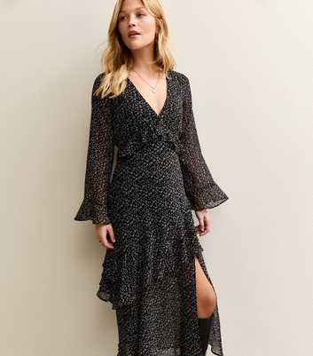 Black Ditsy Print Chiffon Ruffle Trim Midi Dress