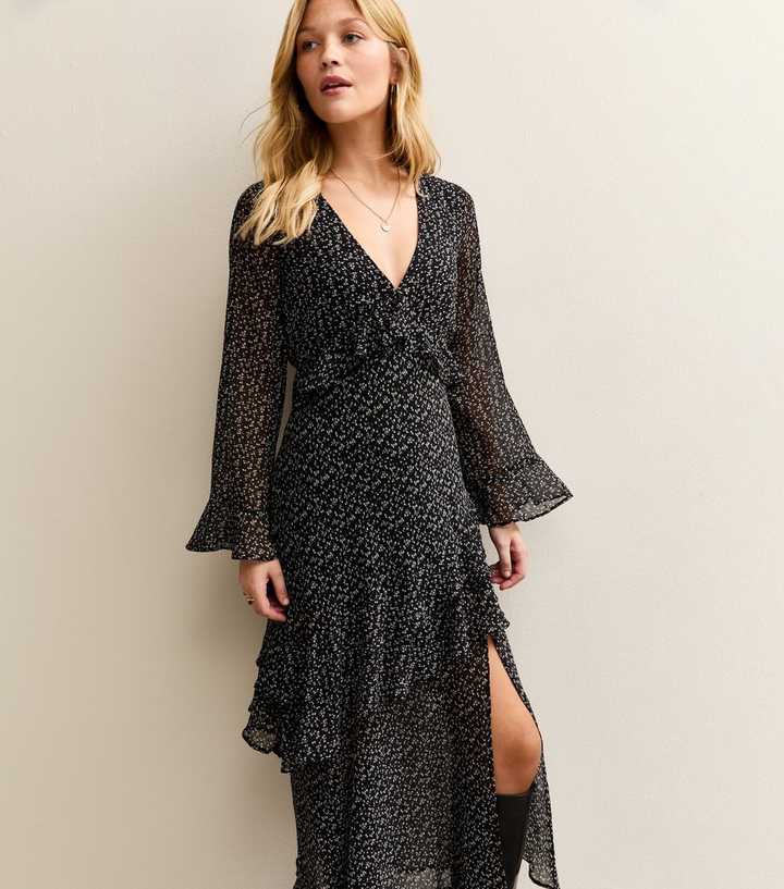 Black Ditsy Print Chiffon Ruffle Trim Midi Dress