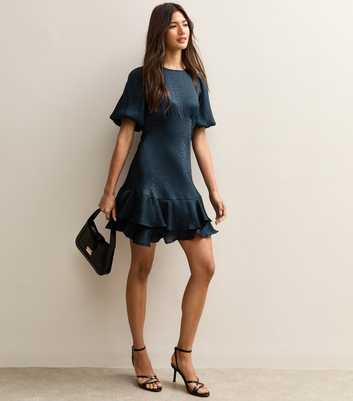 Navy Feather Effect Jacquard Satin Mini Dress