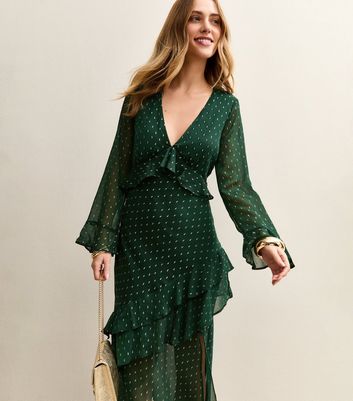green foil dress Dark Spot Ruffle Trim Midi to choice whenever the