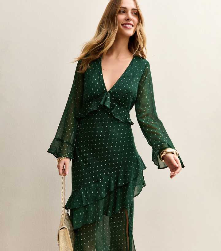 Dark Green Foil Spot Ruffle Trim Midi Dress