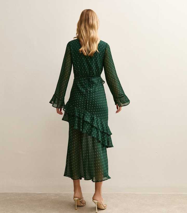 Dark Green Foil Spot Ruffle Trim Midi Dress | New Look Dark Green Foil Spot Ruffle Trim Midi Dress | New Look