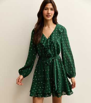 Dark Green Spot Chiffon Ruffle Mini Dress