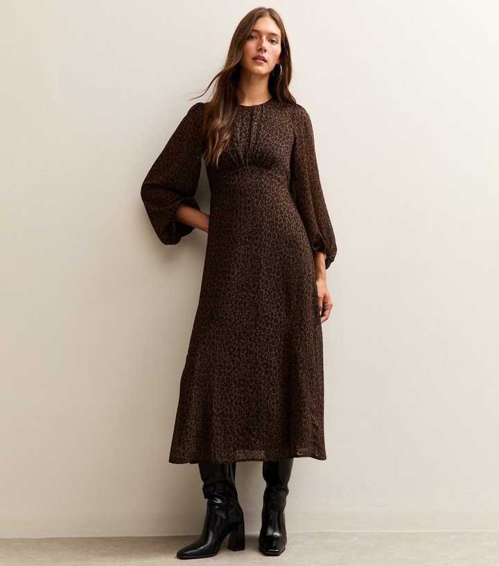 Brown Leopard Print Chiffon Midi Dress