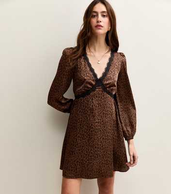 Brown Satin Animal Print Lace Trim Mini Dress