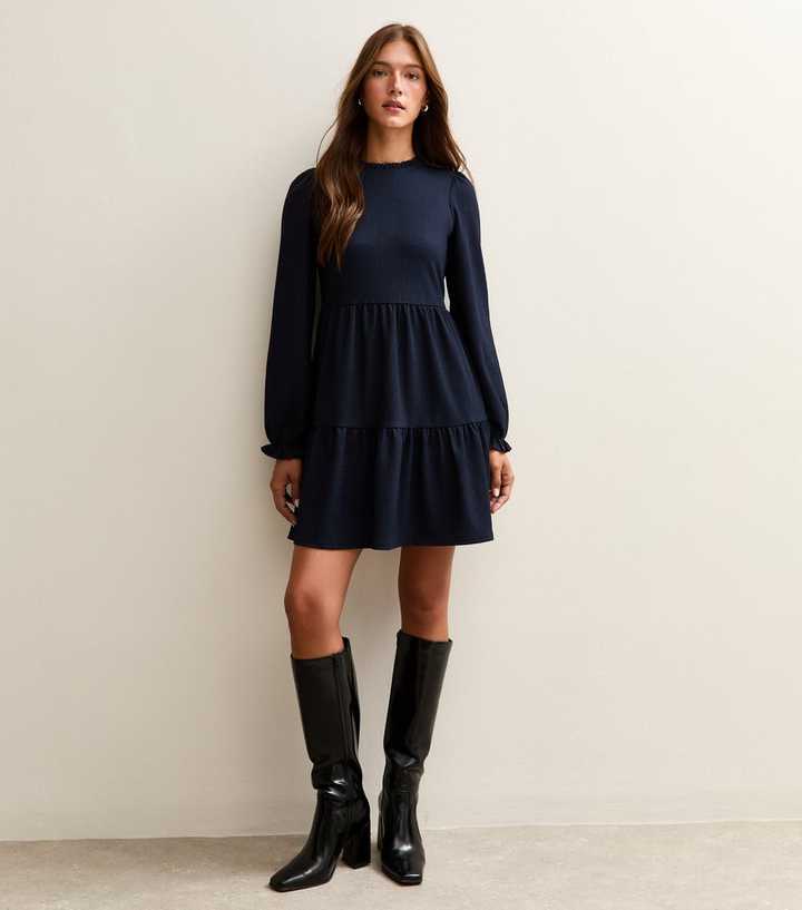 Dark Blue Long Sleeve Tiered Mini Dress