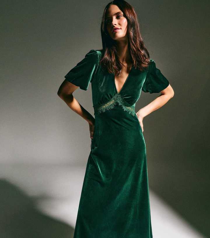 green emerald velvet dress Striped Velvet Midi Evening Dress with Flutter Sleeves