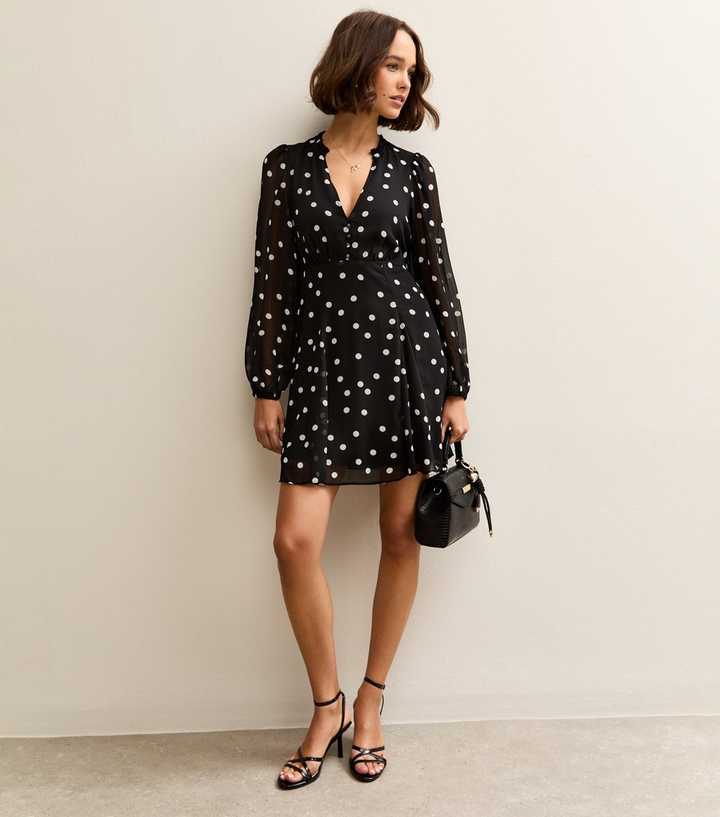 Black Polka Dot Long Sleeve Mini Dress
