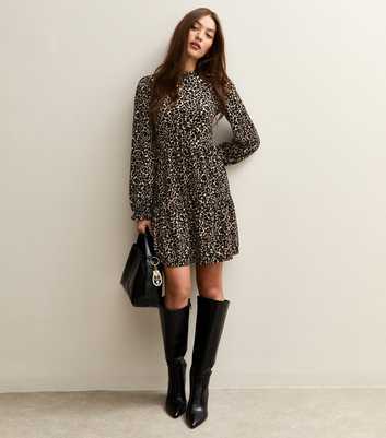 Brown Leopard Print Crinkled Mini Dress