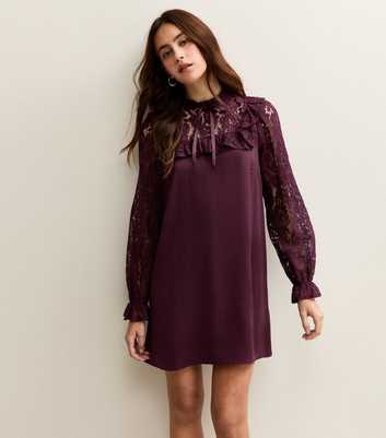 Dark Purple Lace Sleeve Smock Mini Dress