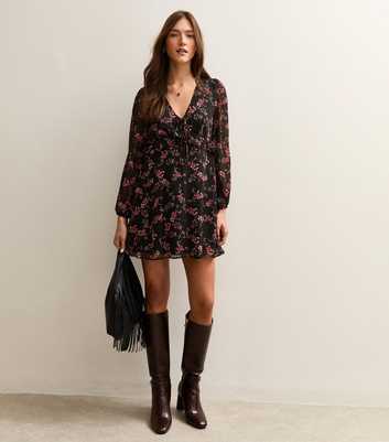 Black Floral Chiffon Long Sleeve Mini Dress