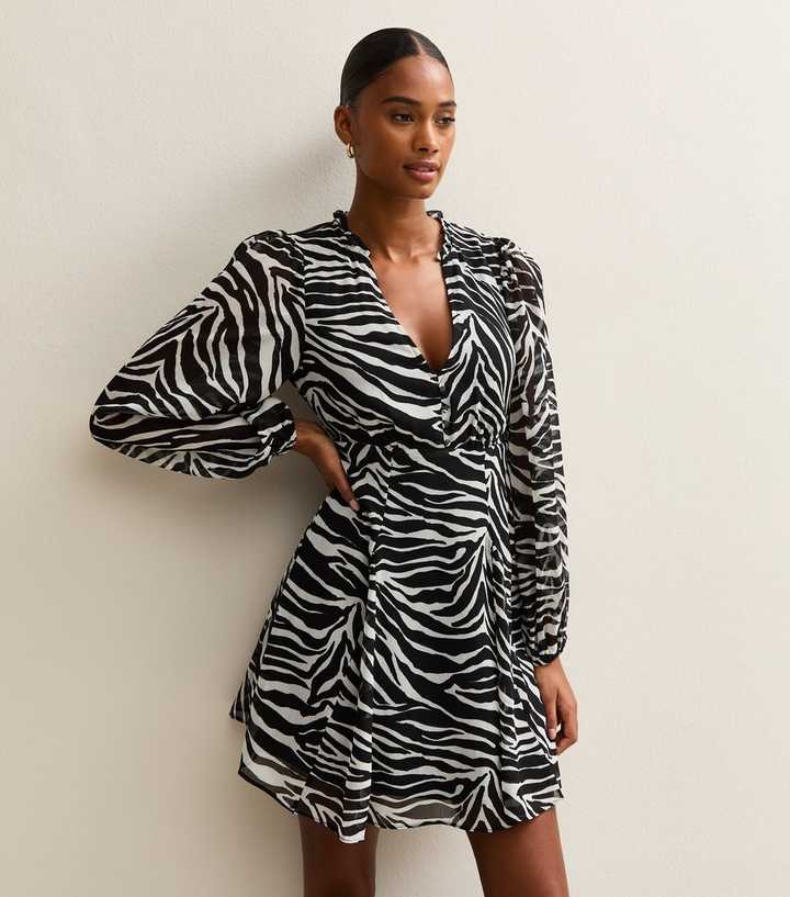 Black Zebra Print Chiffon Mini Dress